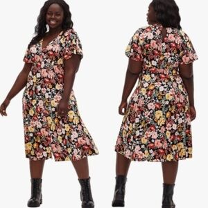 Torrid Floral V-Neck Midi Dress in Black with Multi-Color Blooms